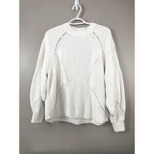 White Cable Knit Crewneck Sweater S Cozy Preppy Layer Minimalist Classic Cottage